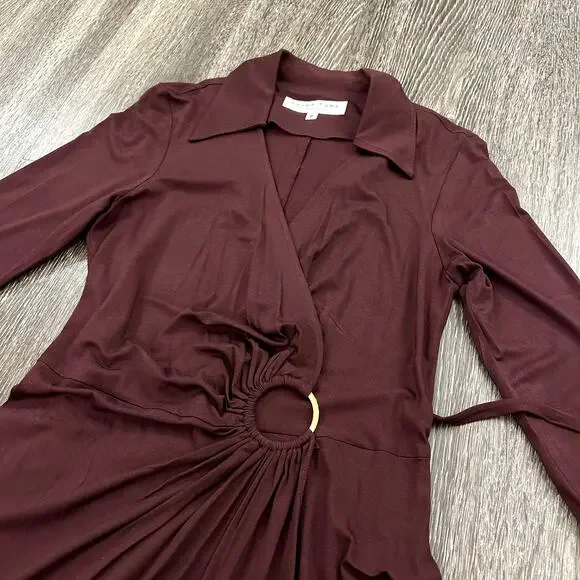 EUC Trina Turk Mahalo Burgundy Jersey Wrap Dress Size 8 Long Sleeve Knee Length - Picture 8 of 15